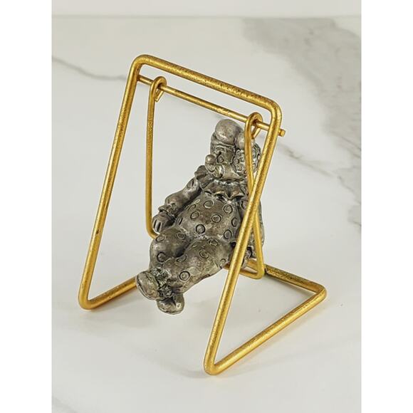 Mini Pewter Clown On Brass Swing 3 1/4" Figurine 90's George Good Home Decor Vtg - Picture 3 of 14